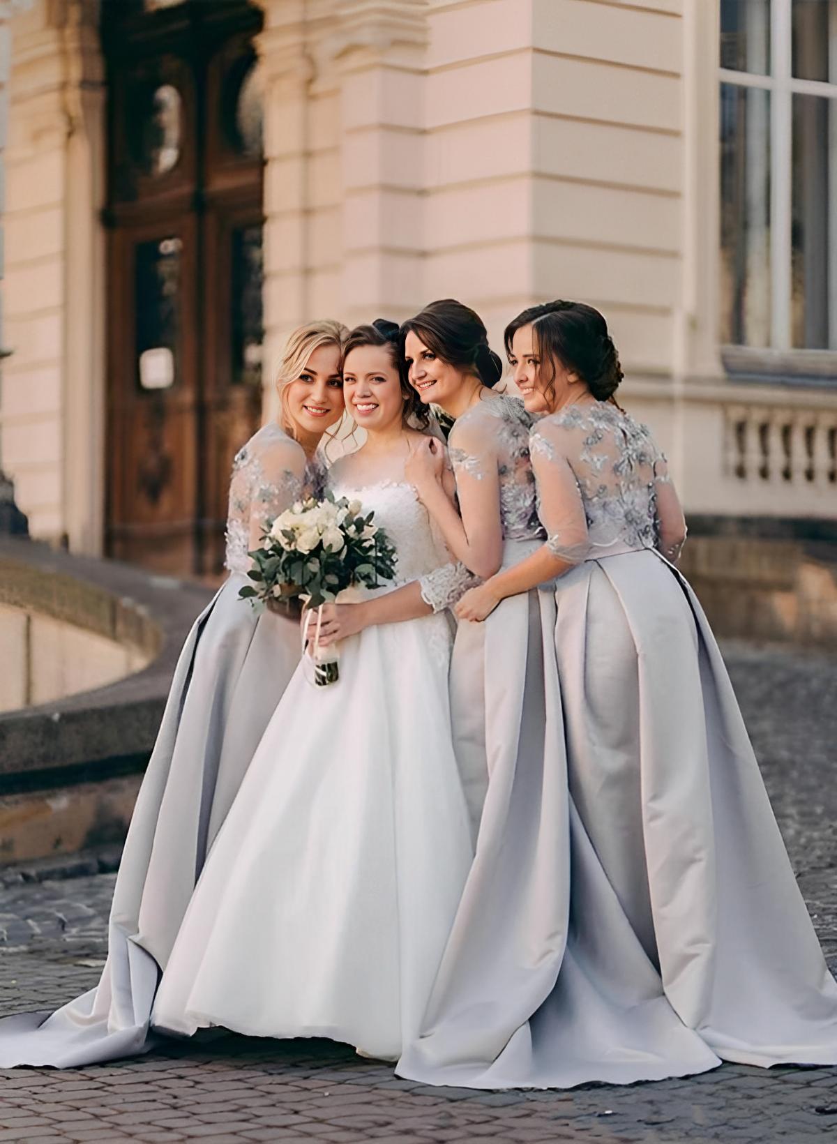 A-Line/Princess Scoop Neck Satin Sweep Train Bridesmaid Dresses Appliques Lace
