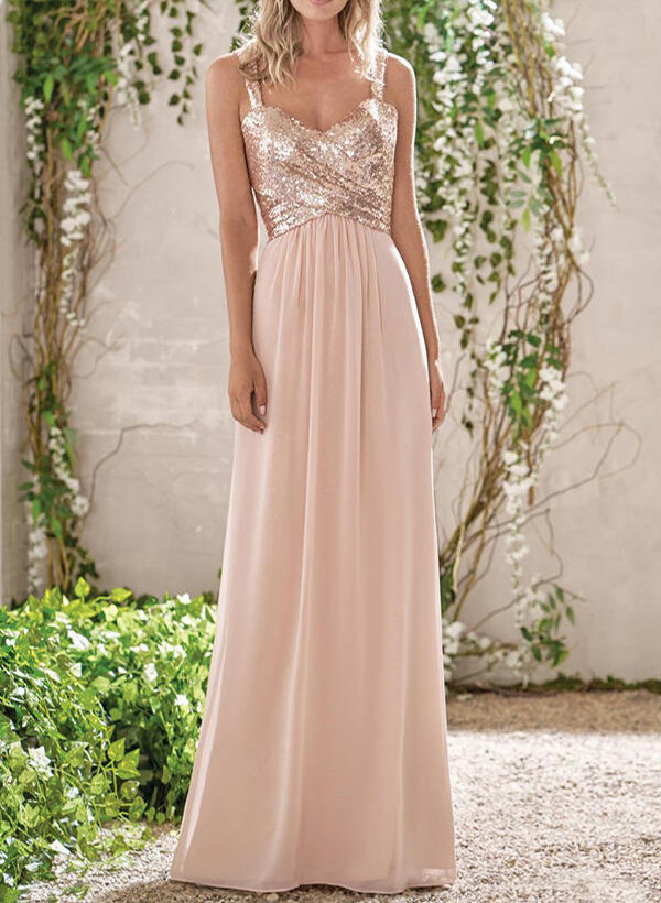 A-Line/Princess V-Neck Sequined  floor-Length Bridesmaid Dresses Chiffon With Sequins  Pleated