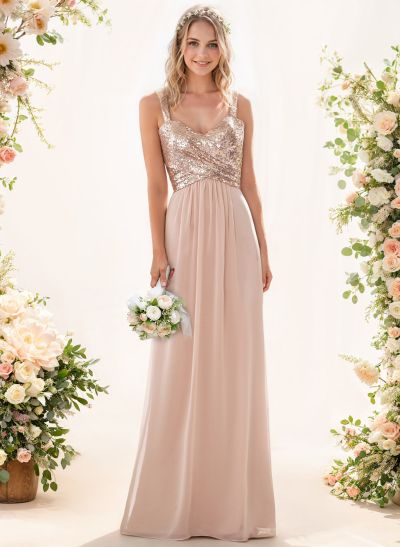 A-Line/Princess V-Neck Sequined Floor-Length Bridesmaid Dresses Chiffon With Sequins Pleated