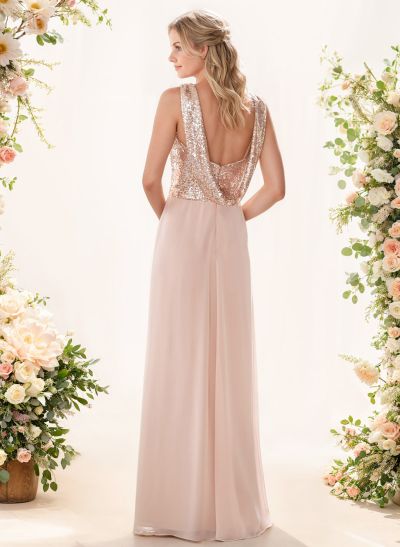 A-Line/Princess V-Neck Sequined Floor-Length Bridesmaid Dresses Chiffon With Sequins Pleated