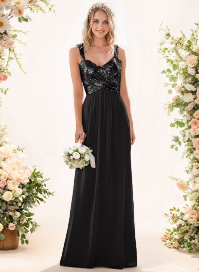 A-Line/Princess V-Neck Sequined Floor-Length Bridesmaid Dresses Chiffon With Sequins Pleated