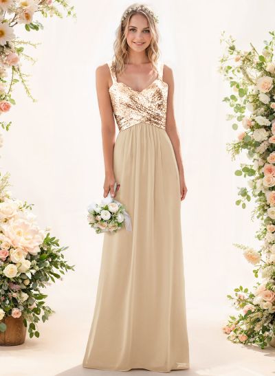 A-Line/Princess V-Neck Sequined Floor-Length Bridesmaid Dresses Chiffon With Sequins Pleated