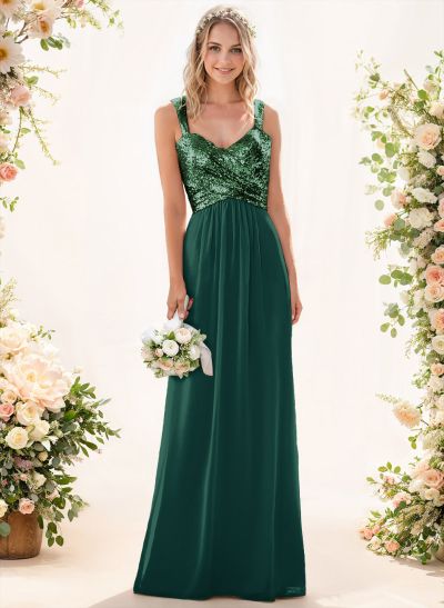 A-Line/Princess V-Neck Sequined Floor-Length Bridesmaid Dresses Chiffon With Sequins Pleated