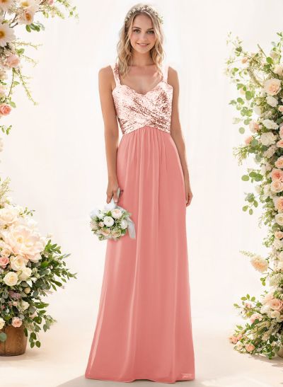 A-Line/Princess V-Neck Sequined Floor-Length Bridesmaid Dresses Chiffon With Sequins Pleated