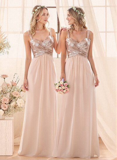 A-Line/Princess V-Neck Sequined Floor-Length Bridesmaid Dresses Chiffon With Sequins Pleated