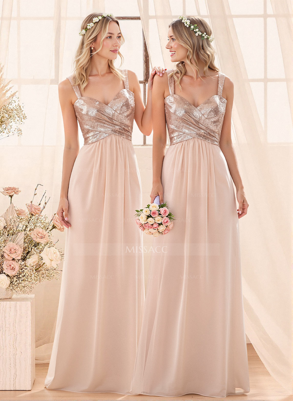 A-Line/Princess V-Neck Sequined Floor-Length Bridesmaid Dresses Chiffon With Sequins Pleated