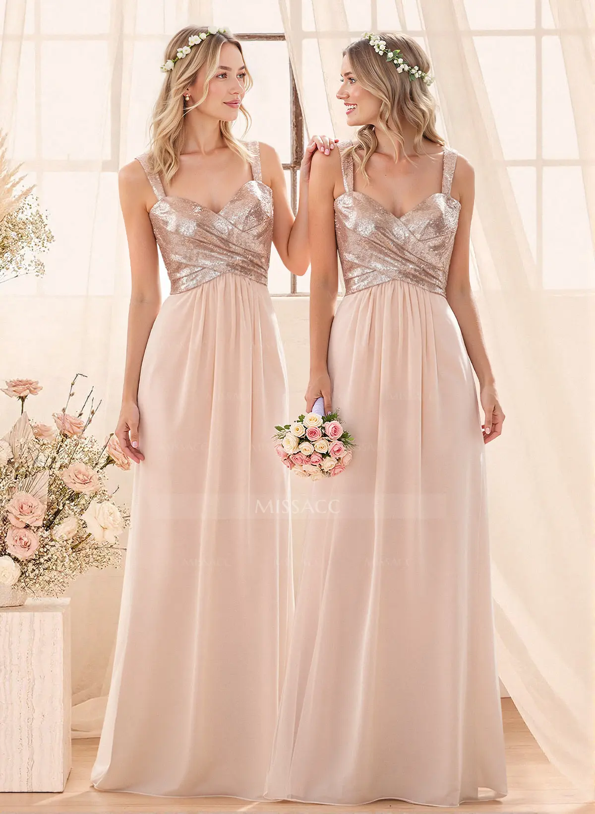 Princess V-Neck Sequined Floor-Length Bridesmaid Dresses Chiffon With Sequins Pleated #SBD10060 $109