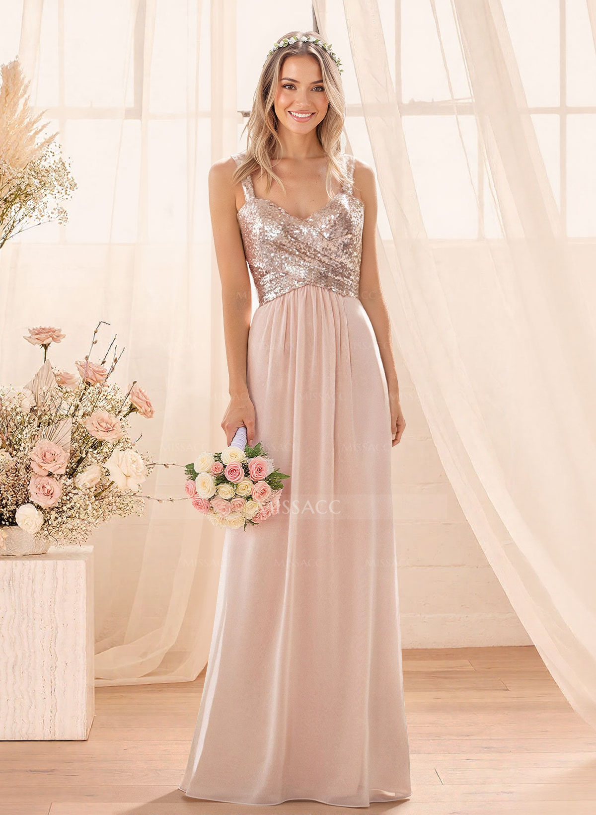 A-Line/Princess V-Neck Sequined Floor-Length Bridesmaid Dresses Chiffon With Sequins Pleated