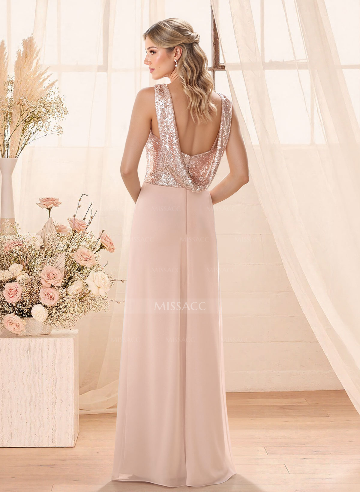 A-Line/Princess V-Neck Sequined Floor-Length Bridesmaid Dresses Chiffon With Sequins Pleated