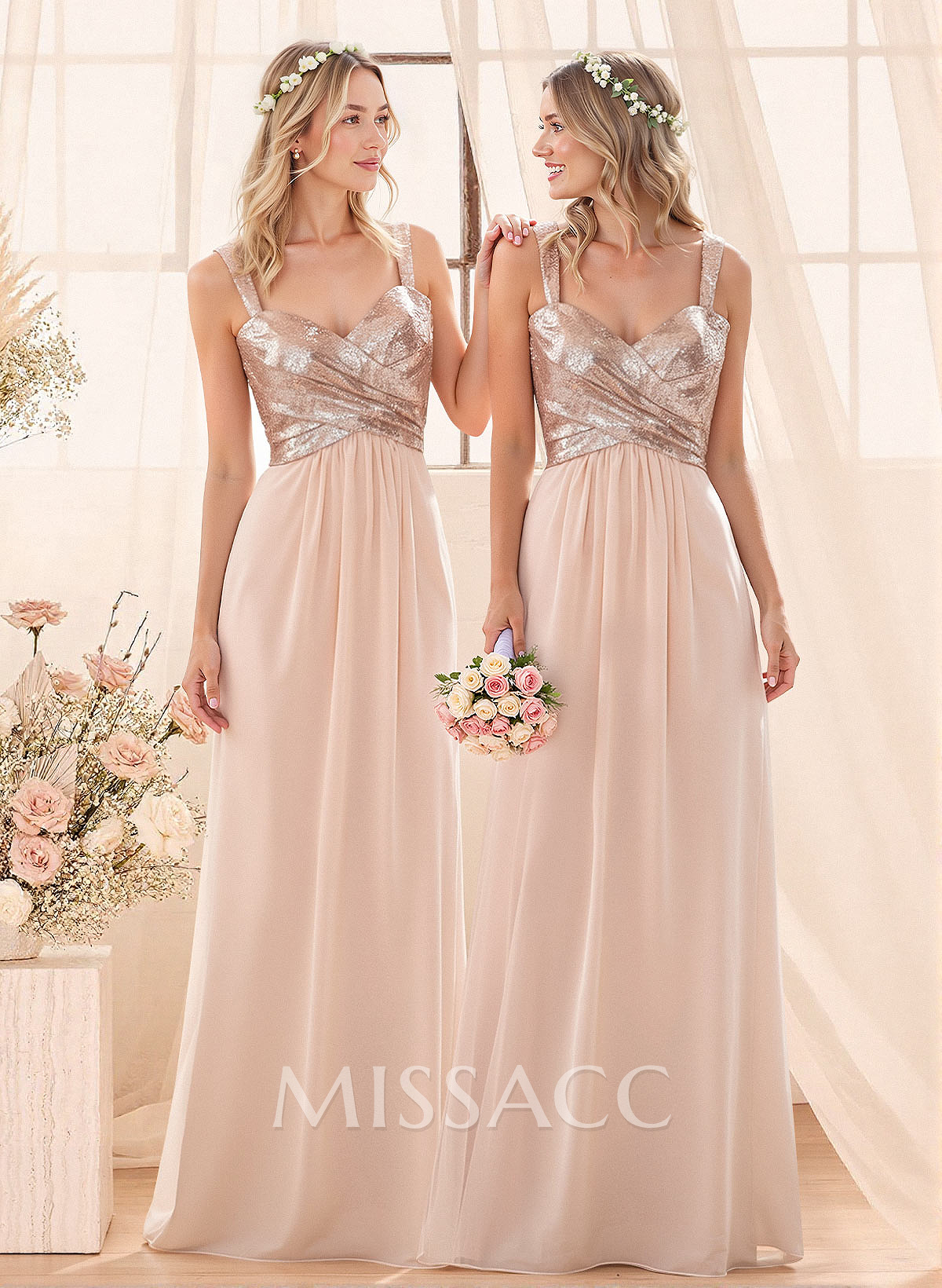 A-Line/Princess V-Neck Sequined Floor-Length Bridesmaid Dresses Chiffon With Sequins Pleated