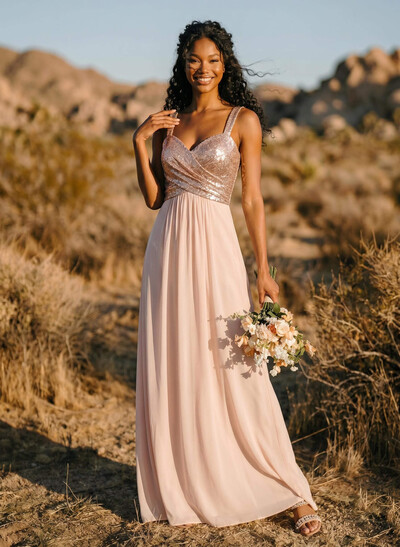 A-Line/Princess V-Neck Sequined Floor-Length Bridesmaid Dresses Chiffon With Sequins Pleated