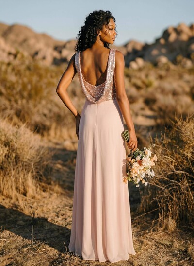 A-Line/Princess V-Neck Sequined Floor-Length Bridesmaid Dresses Chiffon With Sequins Pleated