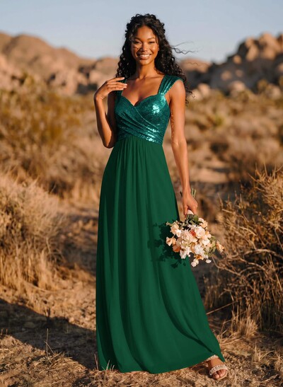 A-Line/Princess V-Neck Sequined Floor-Length Bridesmaid Dresses Chiffon With Sequins Pleated