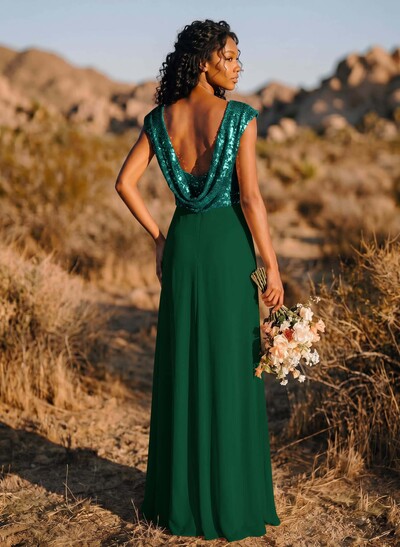 A-Line/Princess V-Neck Sequined Floor-Length Bridesmaid Dresses Chiffon With Sequins Pleated