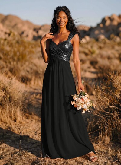 A-Line/Princess V-Neck Sequined Floor-Length Bridesmaid Dresses Chiffon With Sequins Pleated