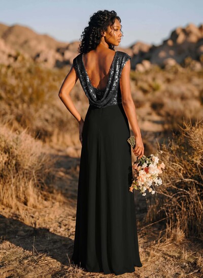 A-Line/Princess V-Neck Sequined Floor-Length Bridesmaid Dresses Chiffon With Sequins Pleated
