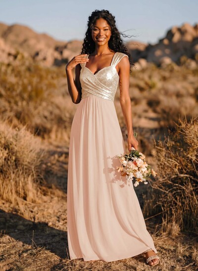A-Line/Princess V-Neck Sequined Floor-Length Bridesmaid Dresses Chiffon With Sequins Pleated