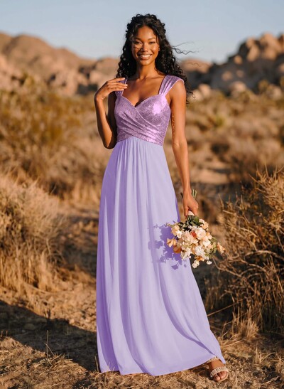 A-Line/Princess V-Neck Sequined Floor-Length Bridesmaid Dresses Chiffon With Sequins Pleated