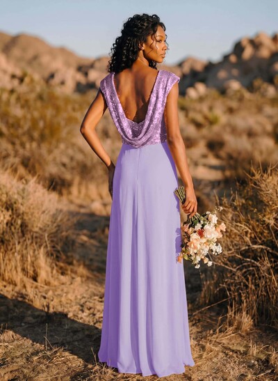 A-Line/Princess V-Neck Sequined Floor-Length Bridesmaid Dresses Chiffon With Sequins Pleated
