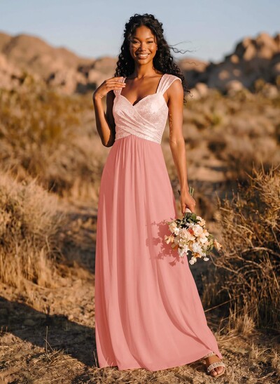 A-Line/Princess V-Neck Sequined Floor-Length Bridesmaid Dresses Chiffon With Sequins Pleated
