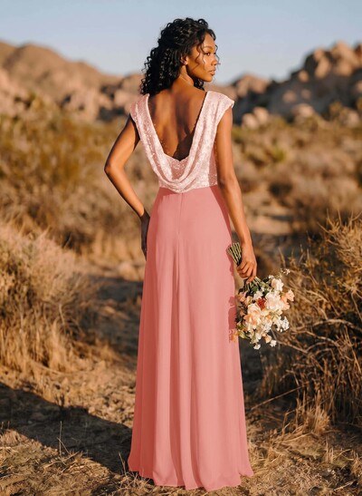 A-Line/Princess V-Neck Sequined Floor-Length Bridesmaid Dresses Chiffon With Sequins Pleated