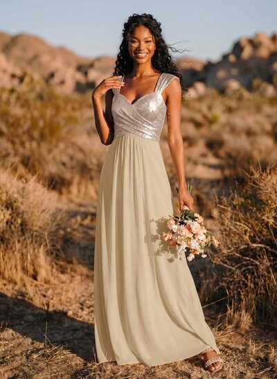 A-Line/Princess V-Neck Sequined Floor-Length Bridesmaid Dresses Chiffon With Sequins Pleated