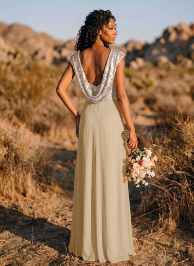 A-Line/Princess V-Neck Sequined Floor-Length Bridesmaid Dresses Chiffon With Sequins Pleated