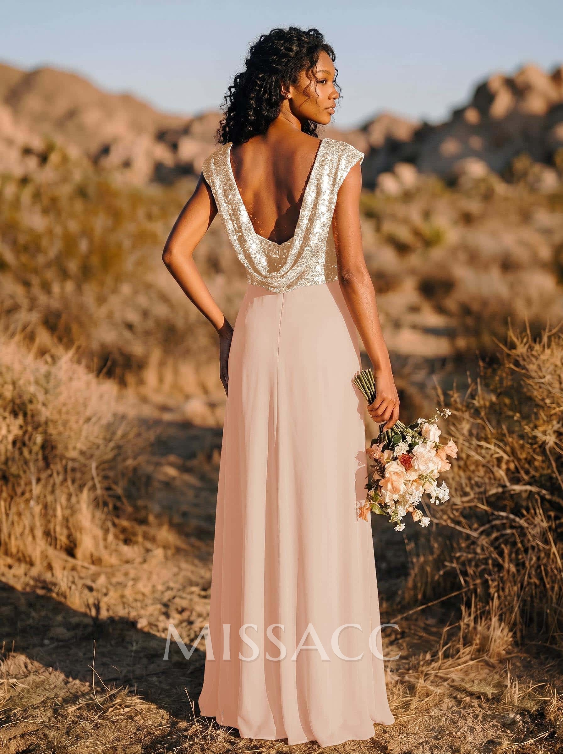 A-Line/Princess V-Neck Sequined Floor-Length Bridesmaid Dresses Chiffon With Sequins Pleated