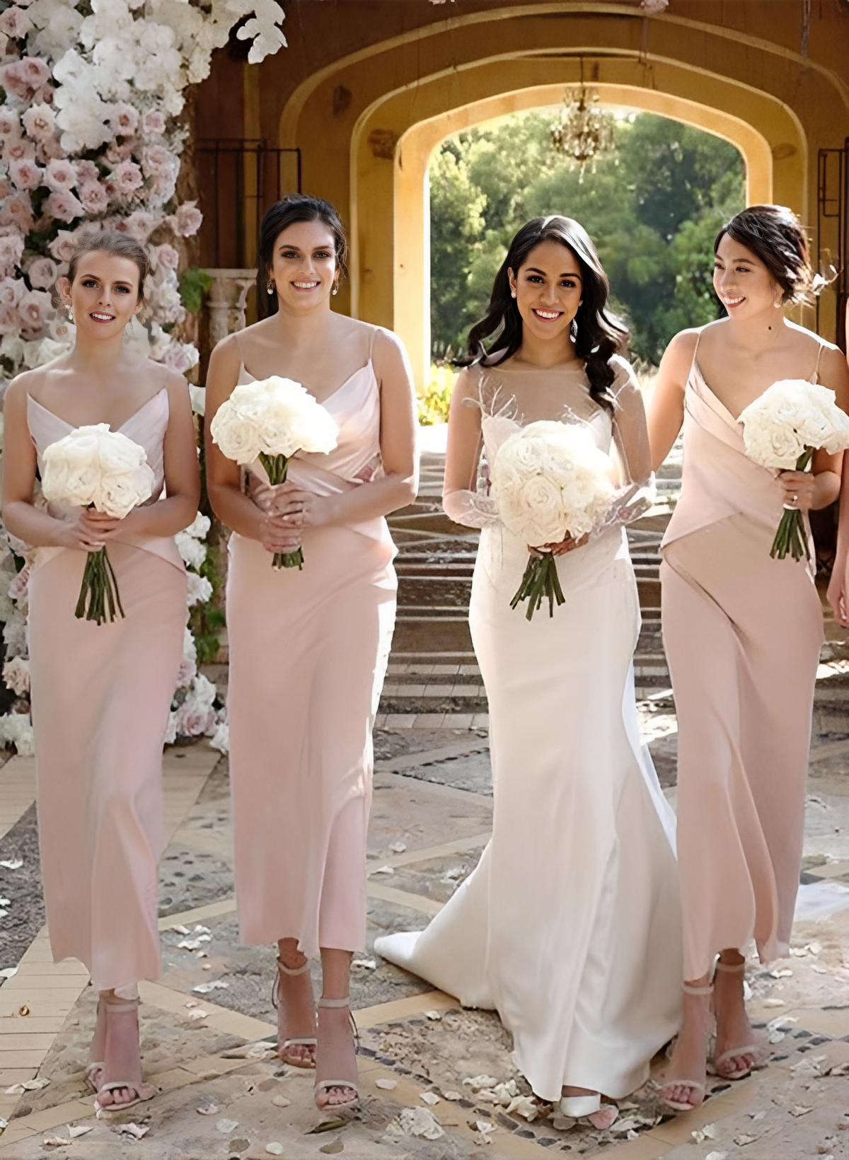 Sheath/Column V-Neck Satin Tea-Length Bridesmaid Dresses
