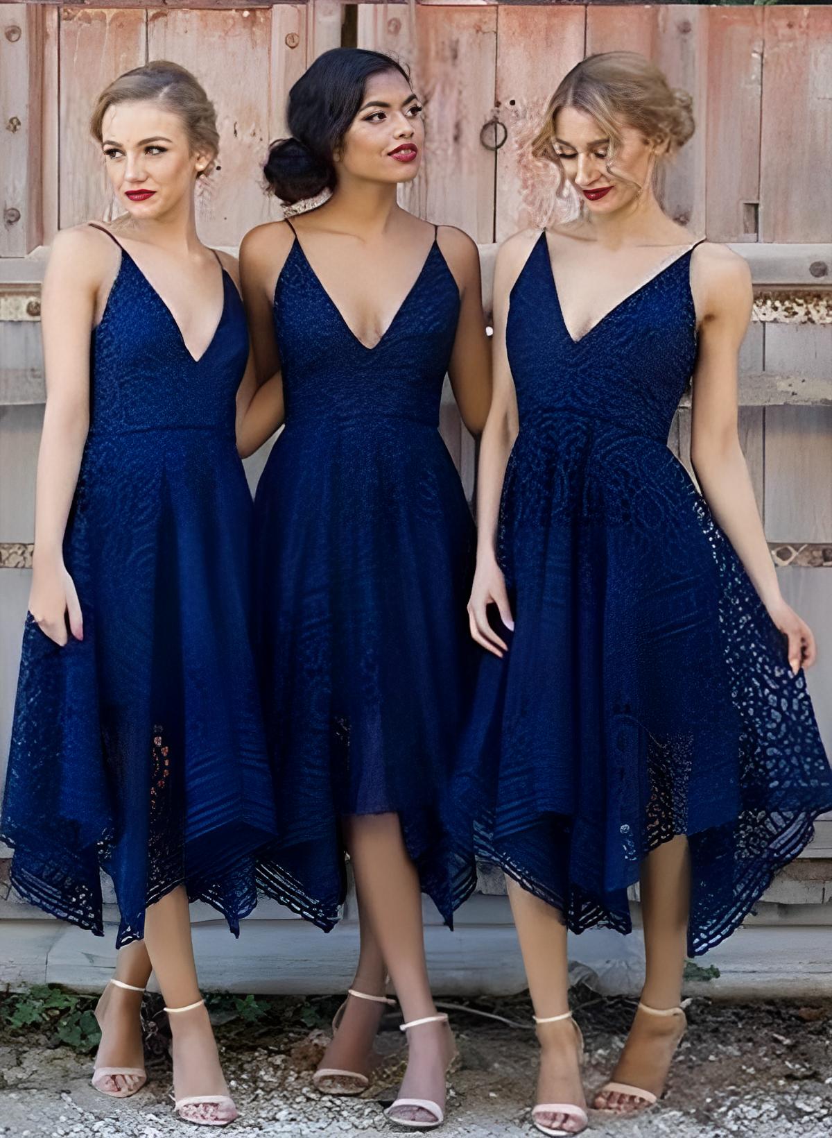 A-line V Neck Sleeveless Asymmetrical Lace Bridesmaid Dresses With Lace