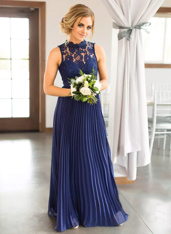 A-line High-Neck Sleeveless Floor-Length Chiffon Bridesmaid Dress With Pleated Lace