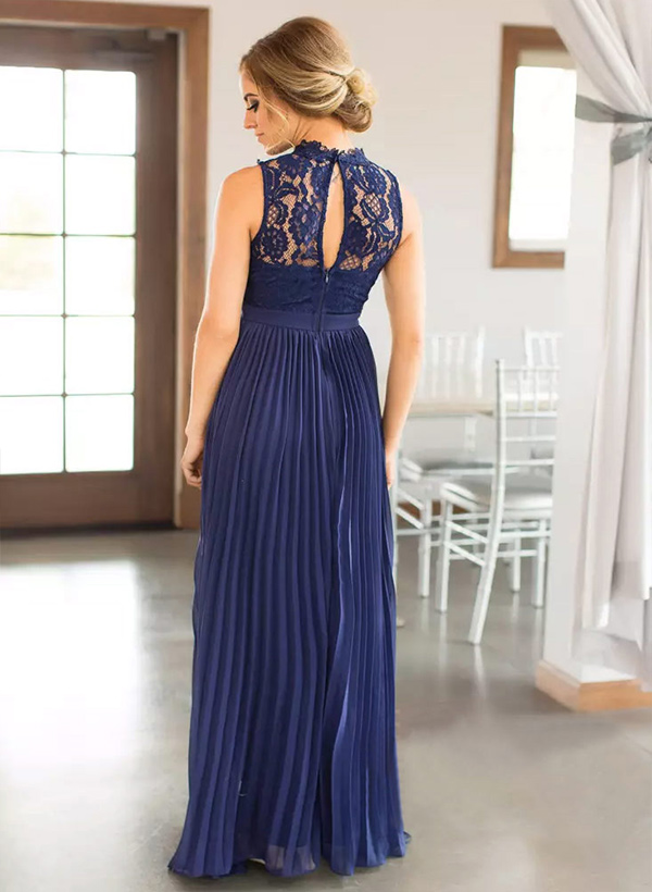A-line High-Neck Sleeveless Floor-Length Chiffon Bridesmaid Dress With Pleated Lace