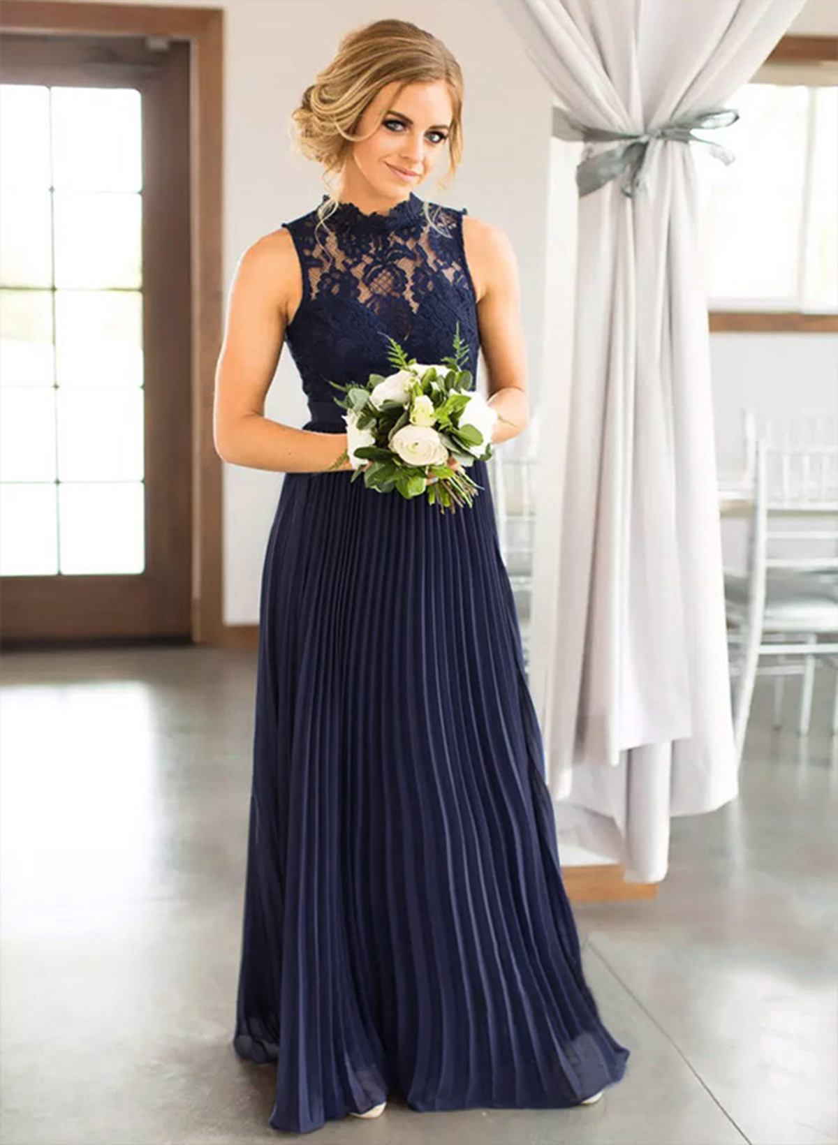 A-Line High-Neck Sleeveless Floor-Length Chiffon Bridesmaid Dress With Pleated Lace