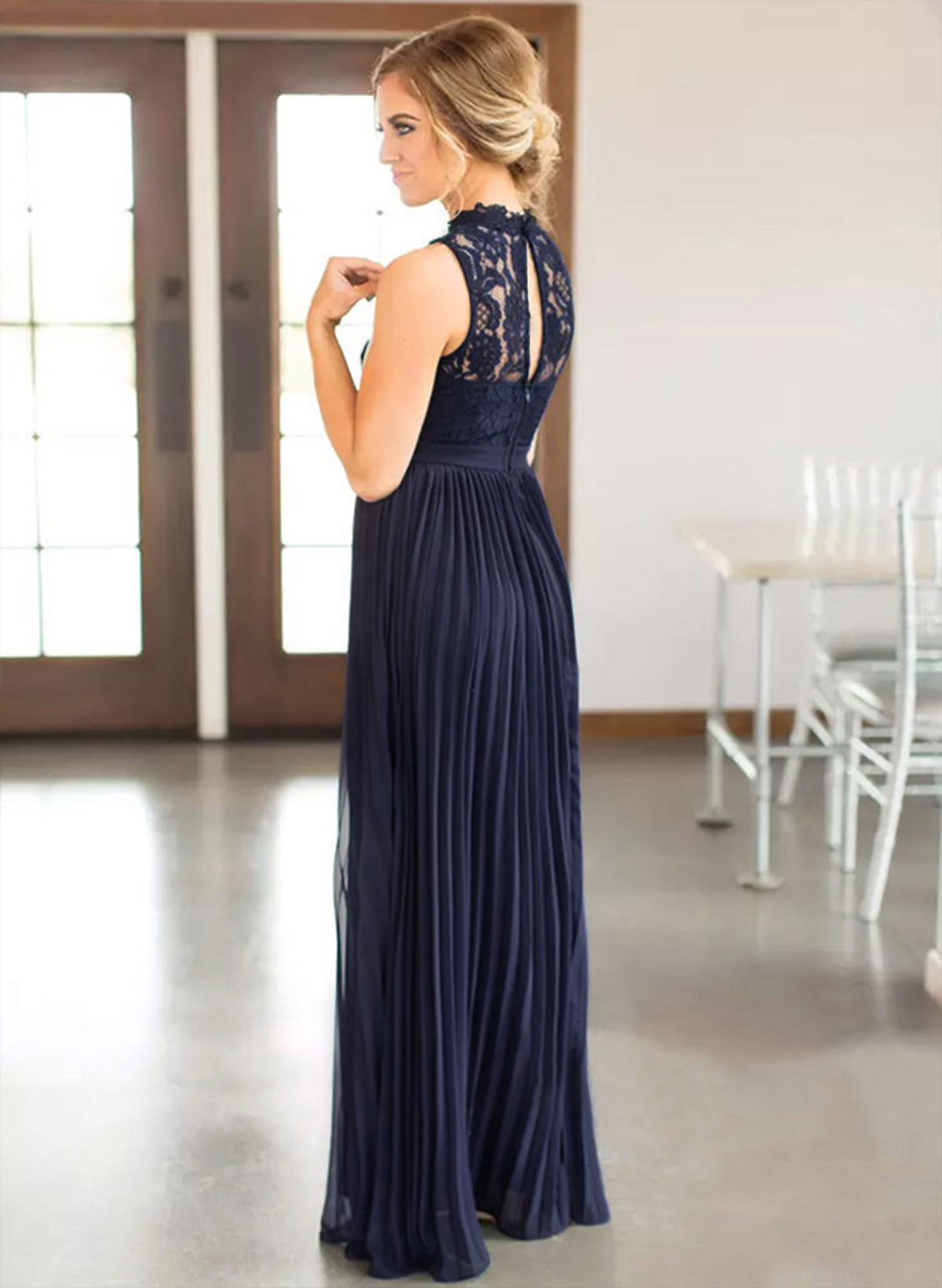 A-Line High-Neck Sleeveless Floor-Length Chiffon Bridesmaid Dress With Pleated Lace