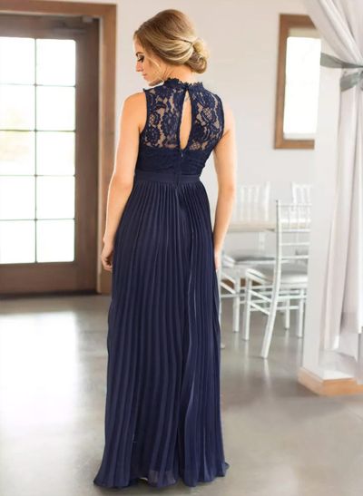 A-Line High-Neck Sleeveless Floor-Length Chiffon Bridesmaid Dress With Pleated Lace