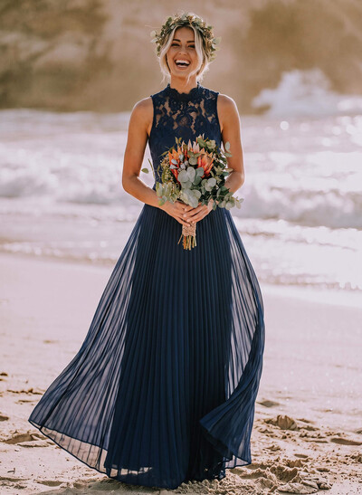 A-Line High-Neck Sleeveless Floor-Length Chiffon Bridesmaid Dress With Pleated Lace