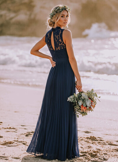 A-Line High-Neck Sleeveless Floor-Length Chiffon Bridesmaid Dress With Pleated Lace