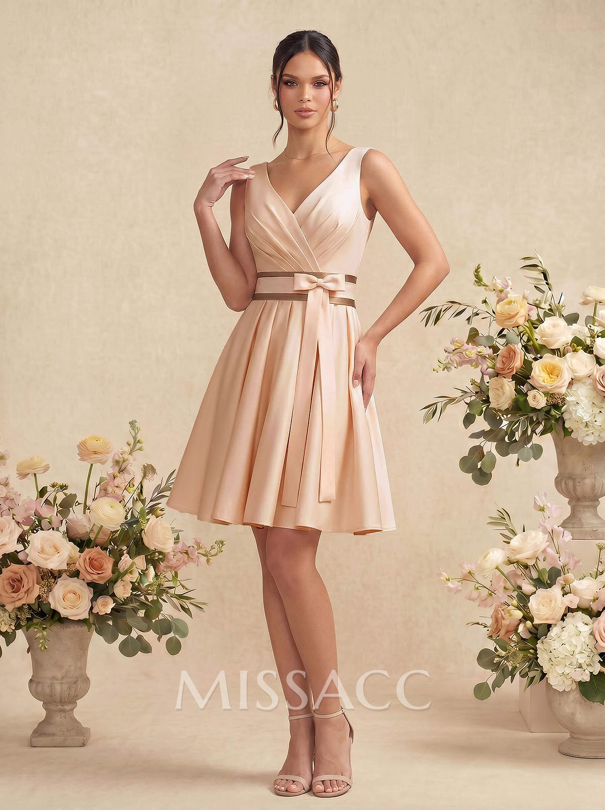 A-Line/Princess V Neck Knee-Length Satin Bridesmaid Dress With Pleated