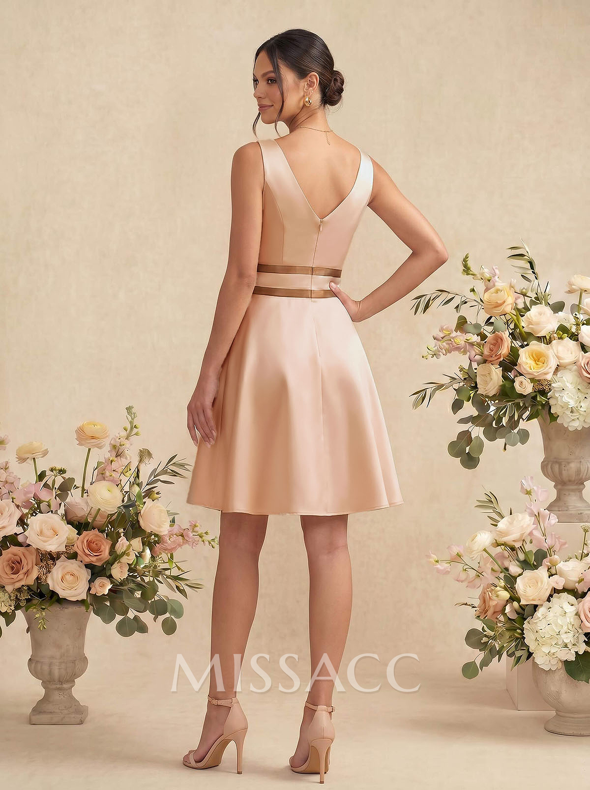A-Line/Princess V Neck Knee-Length Satin Bridesmaid Dress With Pleated