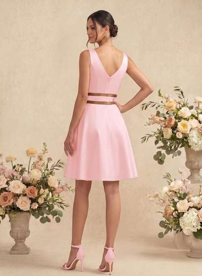 A-Line/Princess V Neck Knee-Length Satin Bridesmaid Dress With Pleated