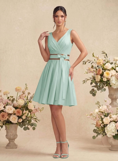 A-Line/Princess V Neck Knee-Length Satin Bridesmaid Dress With Pleated