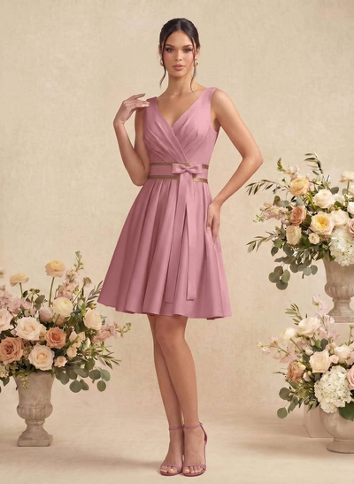A-Line/Princess V Neck Knee-Length Satin Bridesmaid Dress With Pleated
