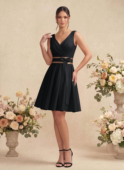 A-Line/Princess V Neck Knee-Length Satin Bridesmaid Dress With Pleated