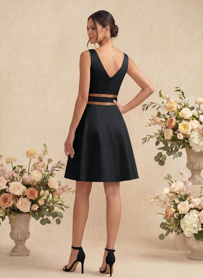 A-Line/Princess V Neck Knee-Length Satin Bridesmaid Dress With Pleated