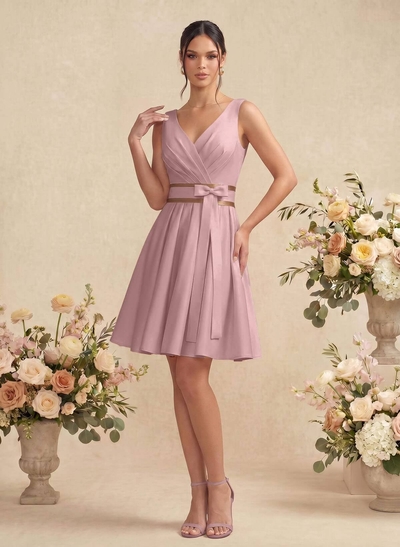 A-Line/Princess V Neck Knee-Length Satin Bridesmaid Dress With Pleated