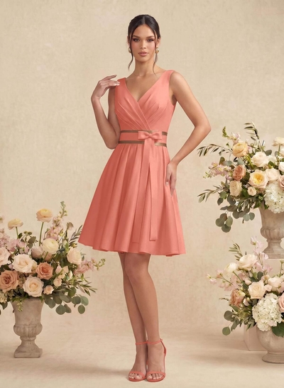 A-Line/Princess V Neck Knee-Length Satin Bridesmaid Dress With Pleated