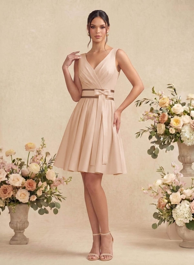 A-Line/Princess V Neck Knee-Length Satin Bridesmaid Dress With Pleated