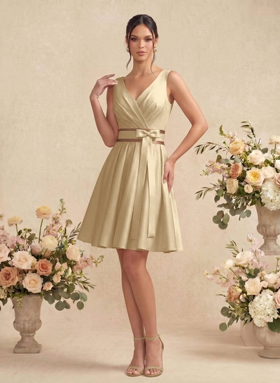 A-Line/Princess V Neck Knee-Length Satin Bridesmaid Dress With Pleated