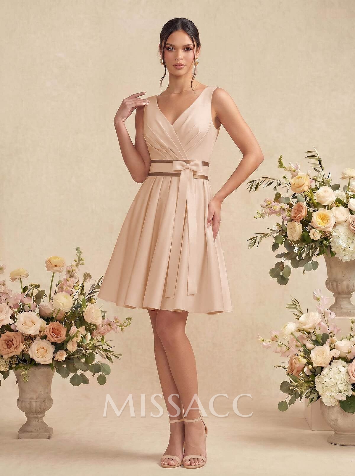 A-Line/Princess V Neck Knee-Length Satin Bridesmaid Dress With Pleated