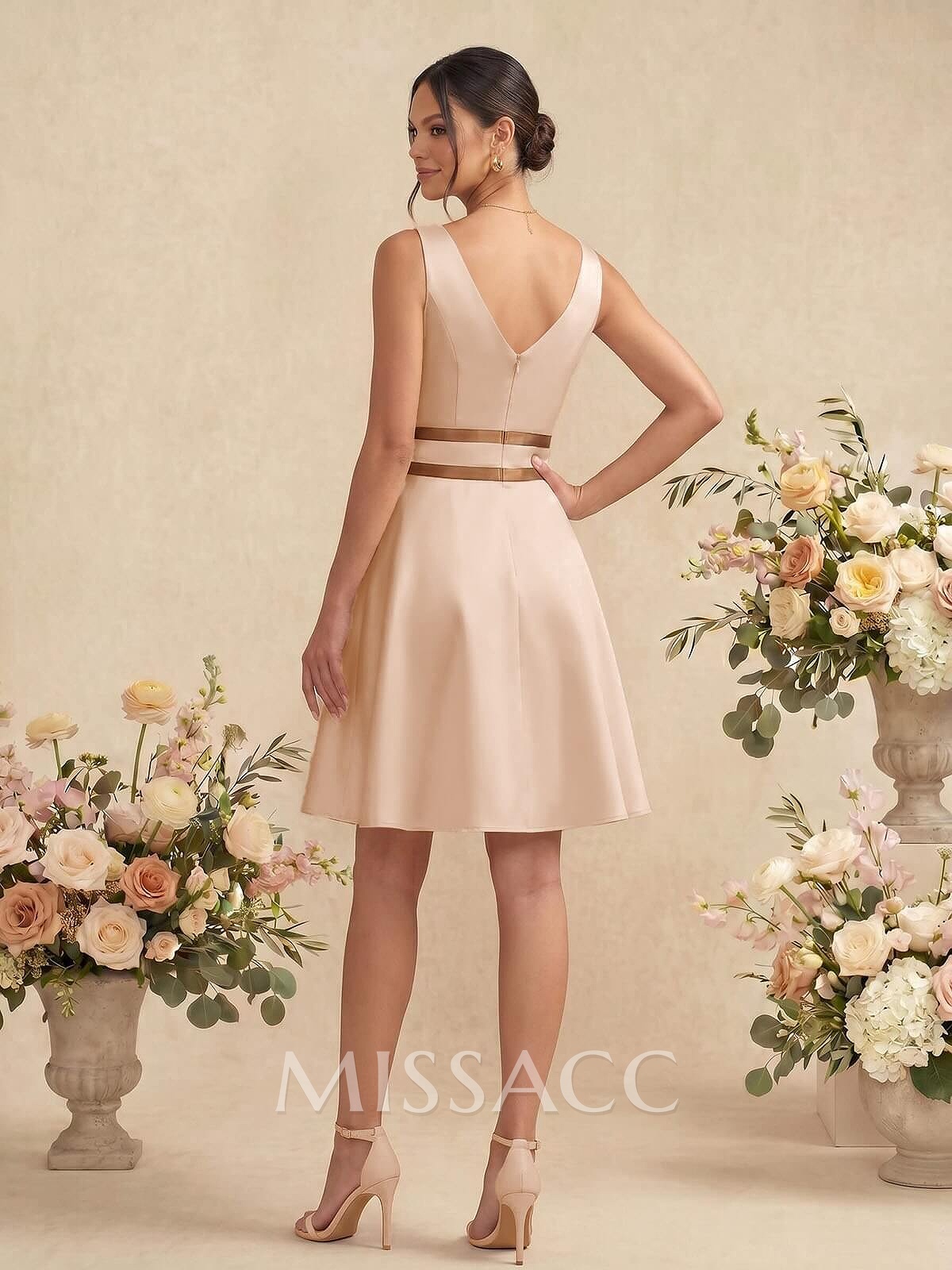 A-Line/Princess V Neck Knee-Length Satin Bridesmaid Dress With Pleated